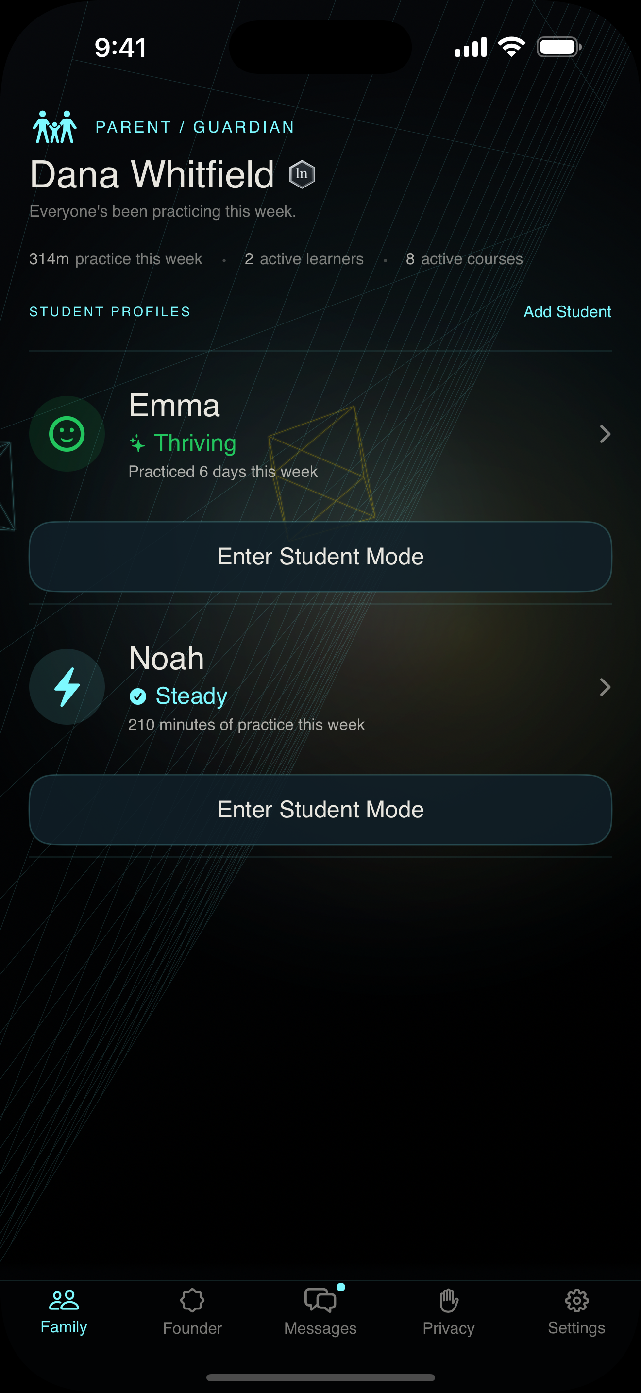 Current Parent Dashboard prototype with representative learner profiles and progress summaries