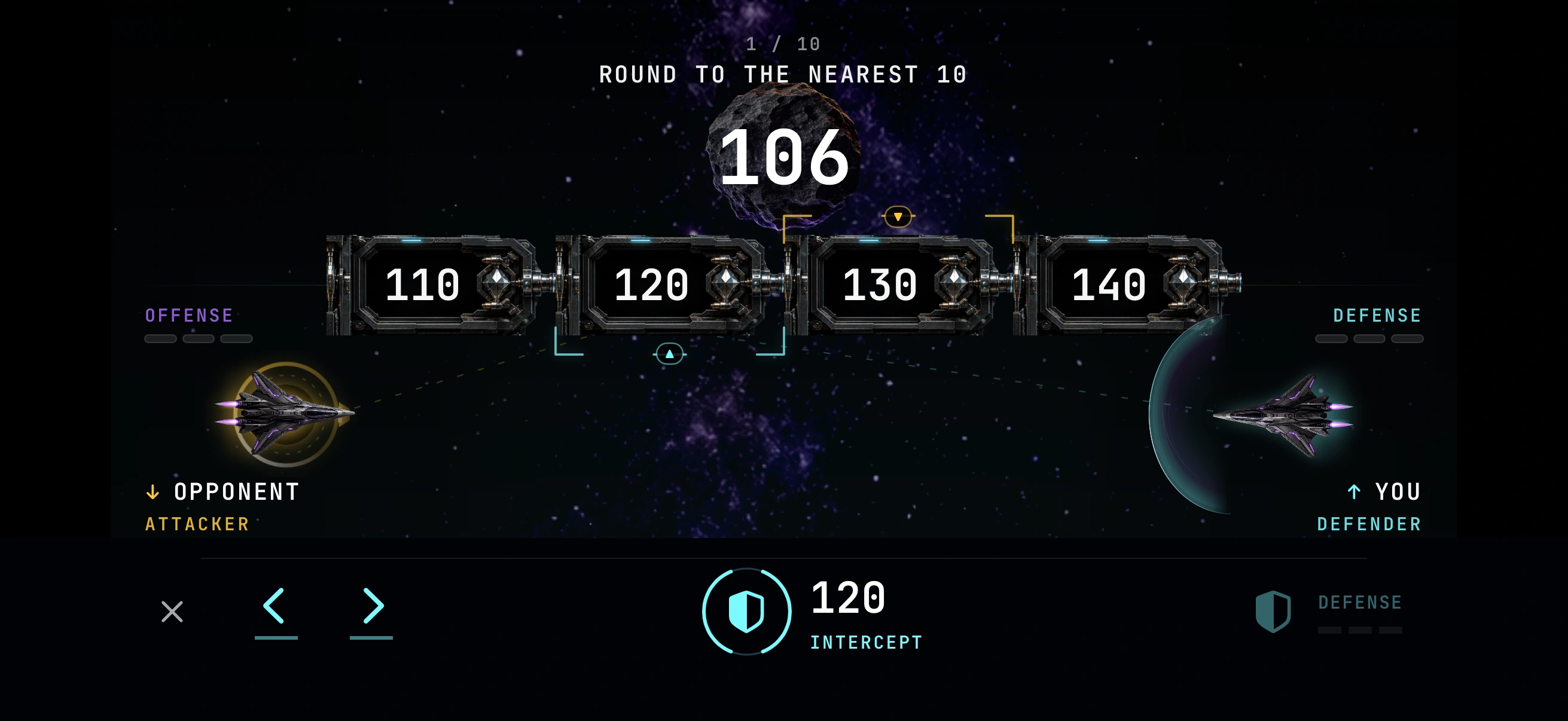 Player one is the defender on the right, with cyan Intercept controls aimed at 120. The opponent attacks from the left.
