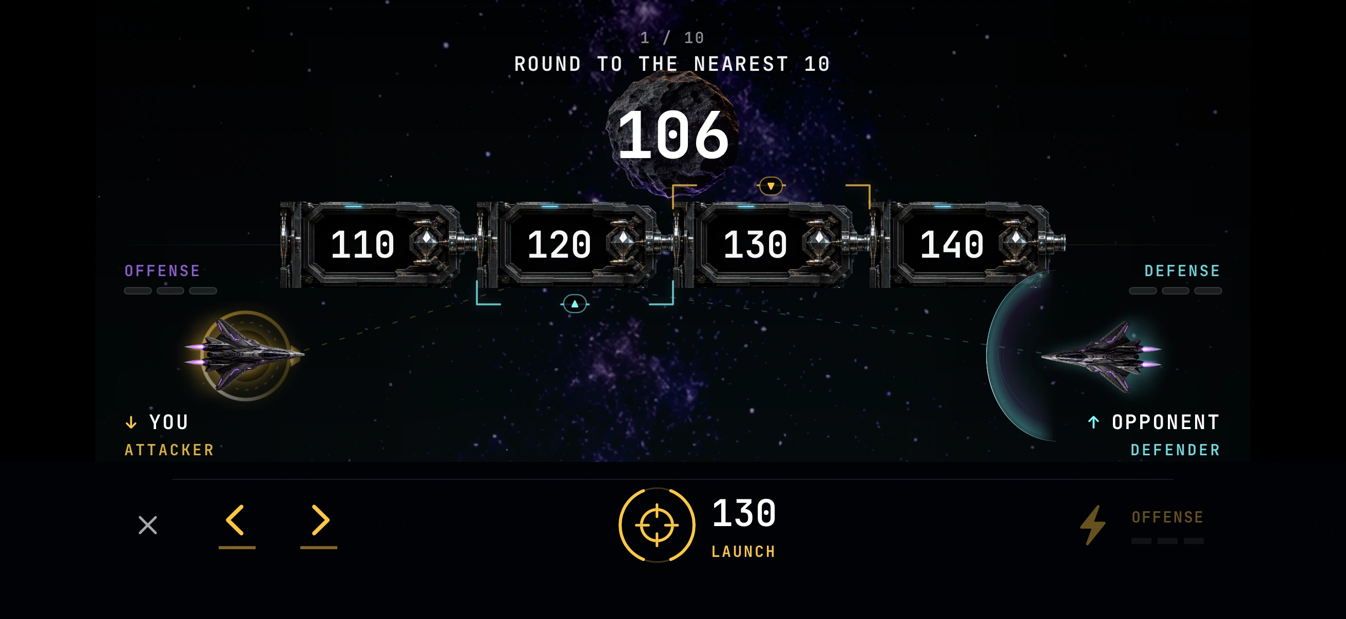 Player two is the attacker on the left, with gold Launch controls aimed at 130. The opponent defends on the right.