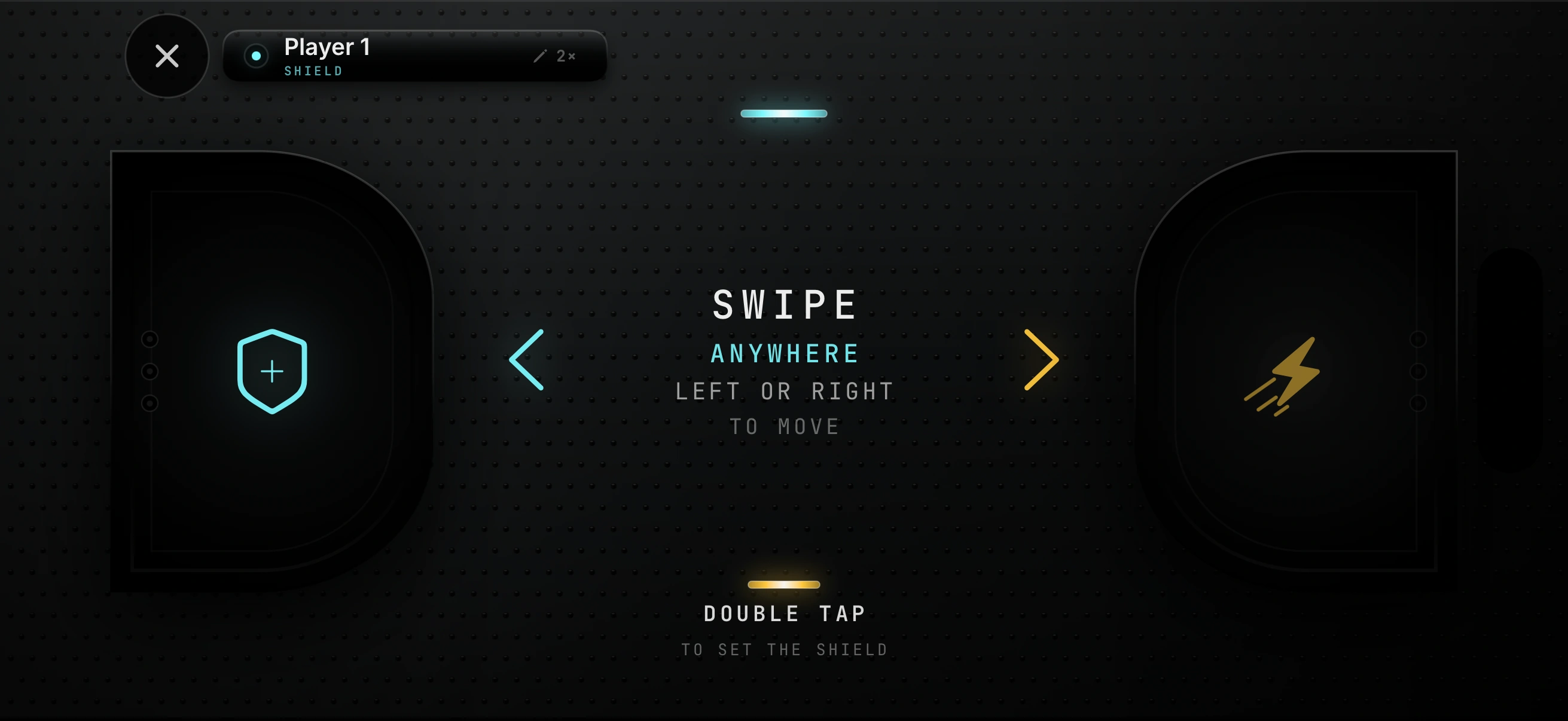 Player one's phone: cyan shield station. Swipe to move and double tap to set the shield.