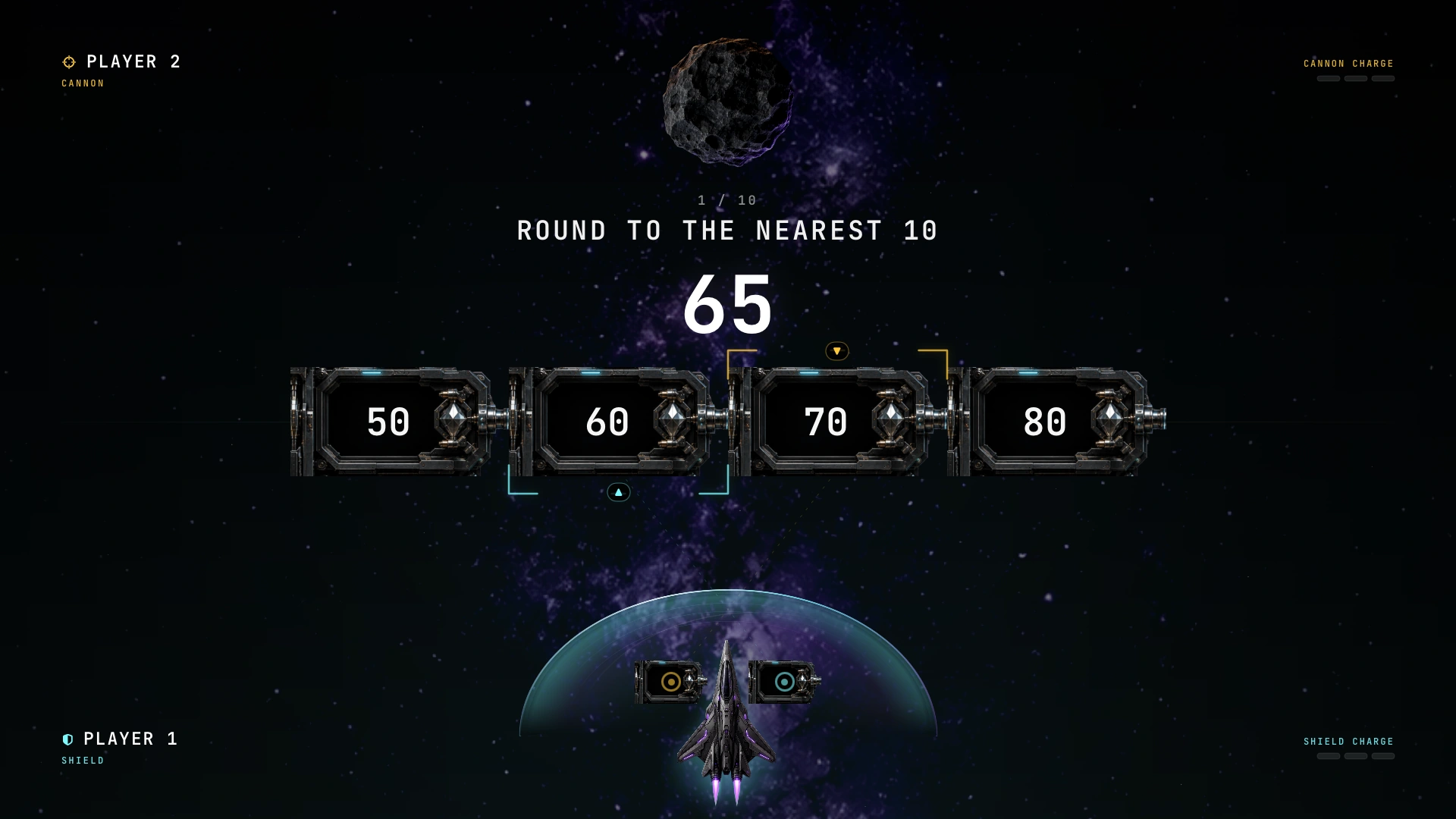 TV Together arena: round 65 to the nearest ten while the cannon and shield crew protect one ship.
