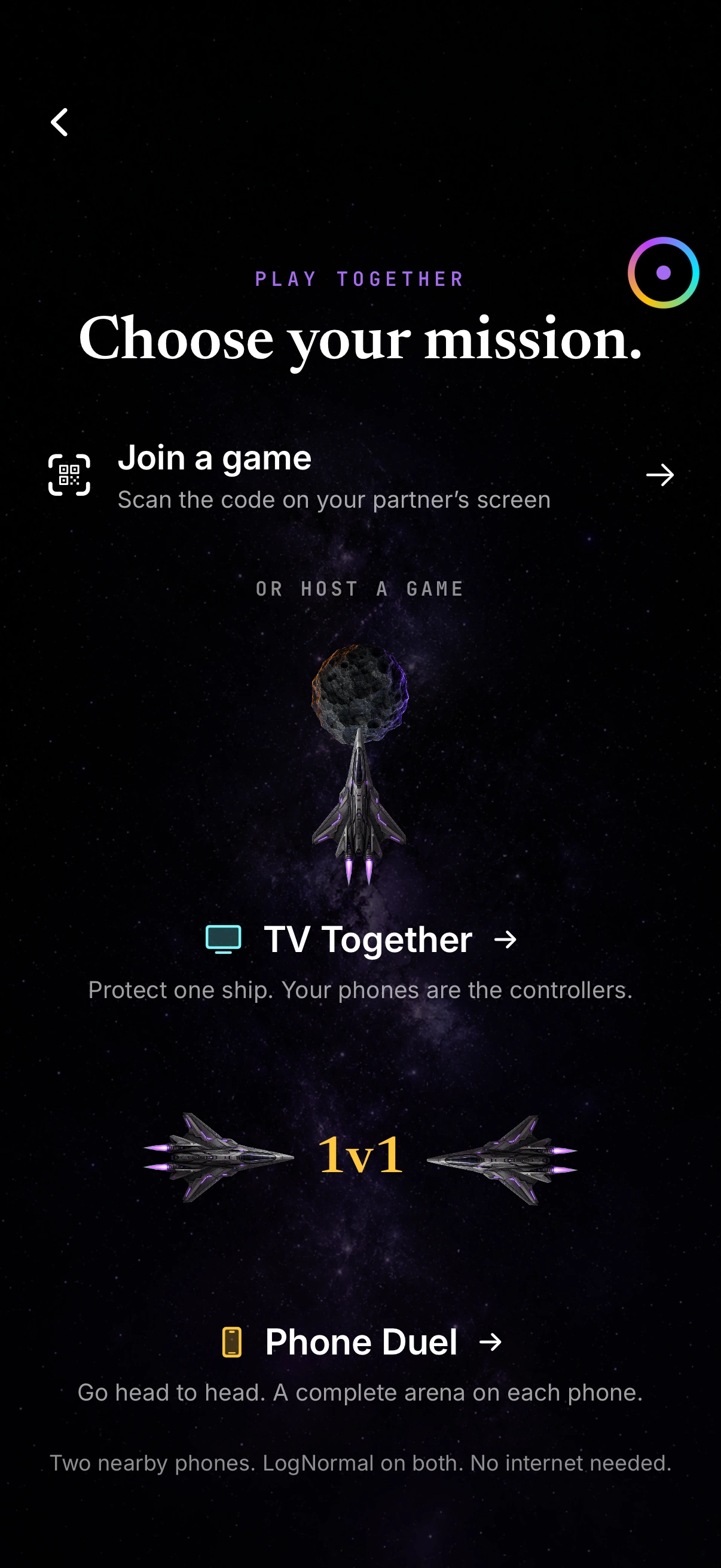 Native Play Together menu: Join a game, TV Together, or Phone Duel. Nearby play needs no internet.