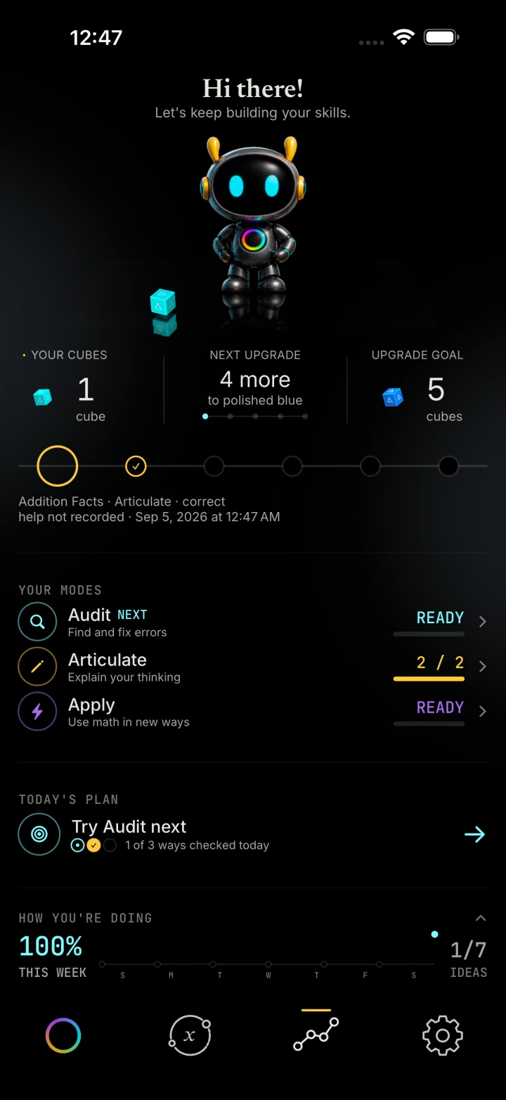 Full native LogNormal iPhone student dashboard with progress cube, recent work, mode evidence and next step after two example checks